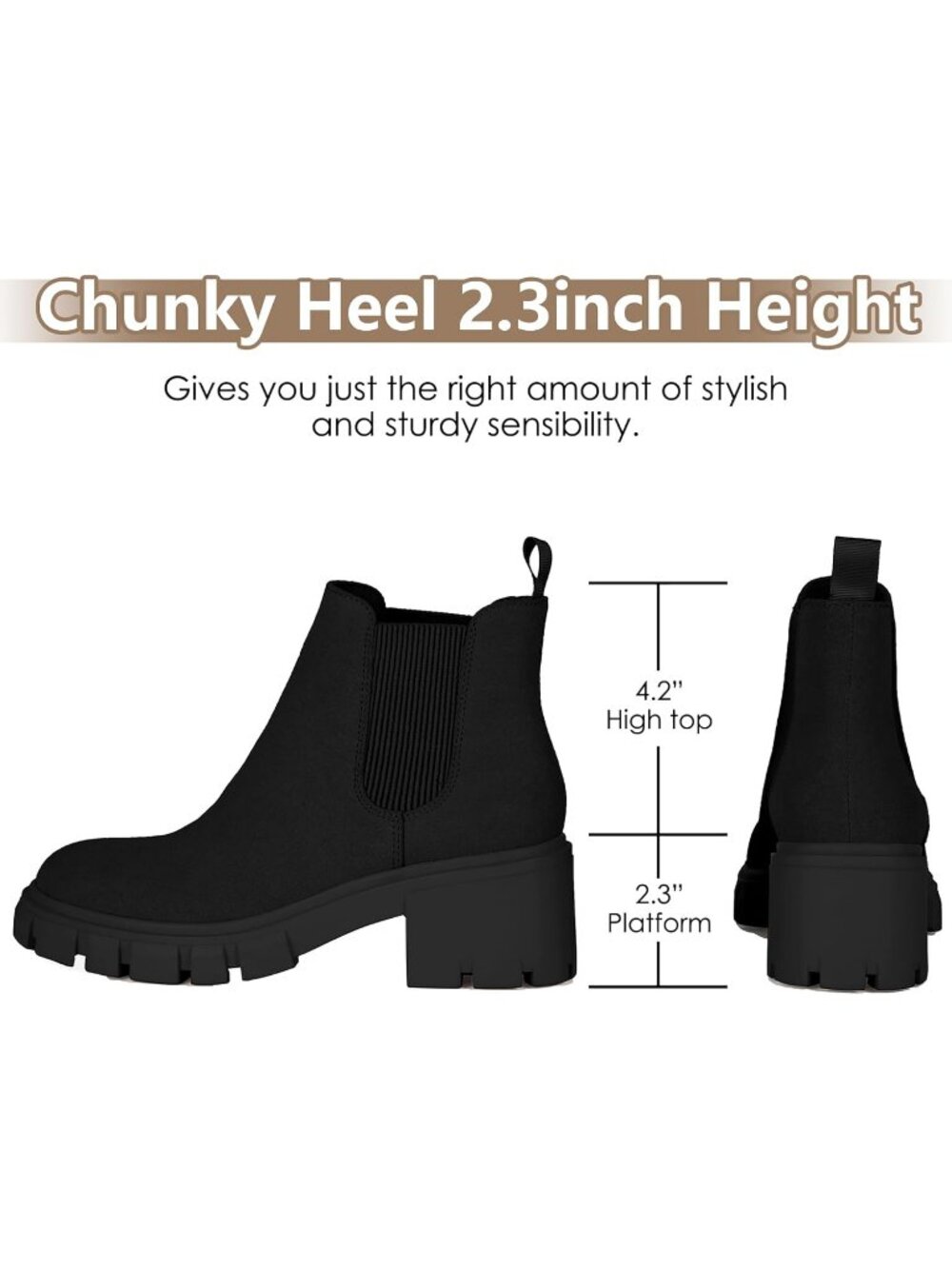 Women's Black Suede Fashion Lug Sole Chunky Heel Chelsea Boots - Picture 3 of 6